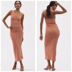 Anthropologie Pilcro High Tide Halter Slim Midi Dress-Orange Stripe SZ Med  NWT